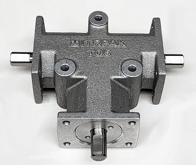 A MITRPAK right angle spiral bevel gear drive with shaft flats for operational stability.