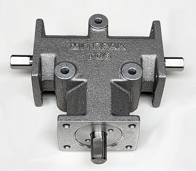 A MITRPAK right angle spiral bevel gear drive with shaft flats for operational stability.